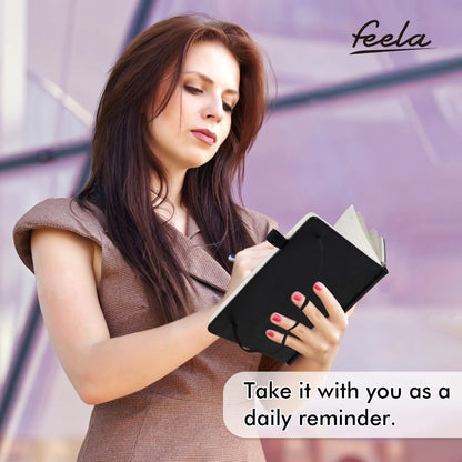 feela Notebook A5 lined, 3 black notebooks with 3 pens, DIN A5 Hardcover Notebooks, 120 g / m², 128 pages each, 64 sheets, diary, business notebook, notebook for men, women