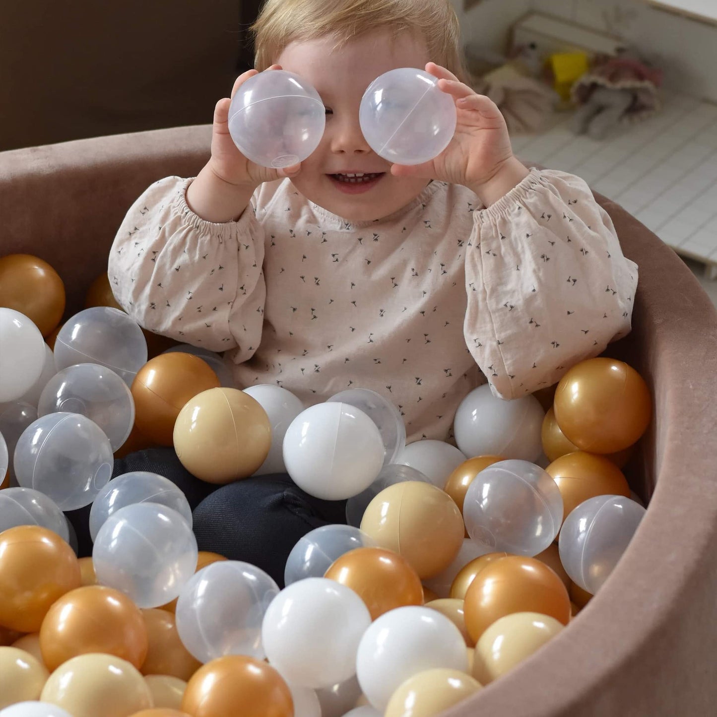 MEOWBABY Ball Pit 90x30cm Velvet - Ball Pit for Babies from 1 Year - Soft Foam Ball Pit for Kids with 200 Balls, Beige