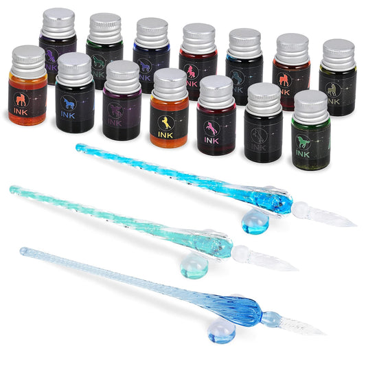 GOLDGE 19 piece glass pen set, 3 pens with 14 colorful inks, pen holder, for art, writing, calligraphy, signatures, greeting cards, decoration, and gift.