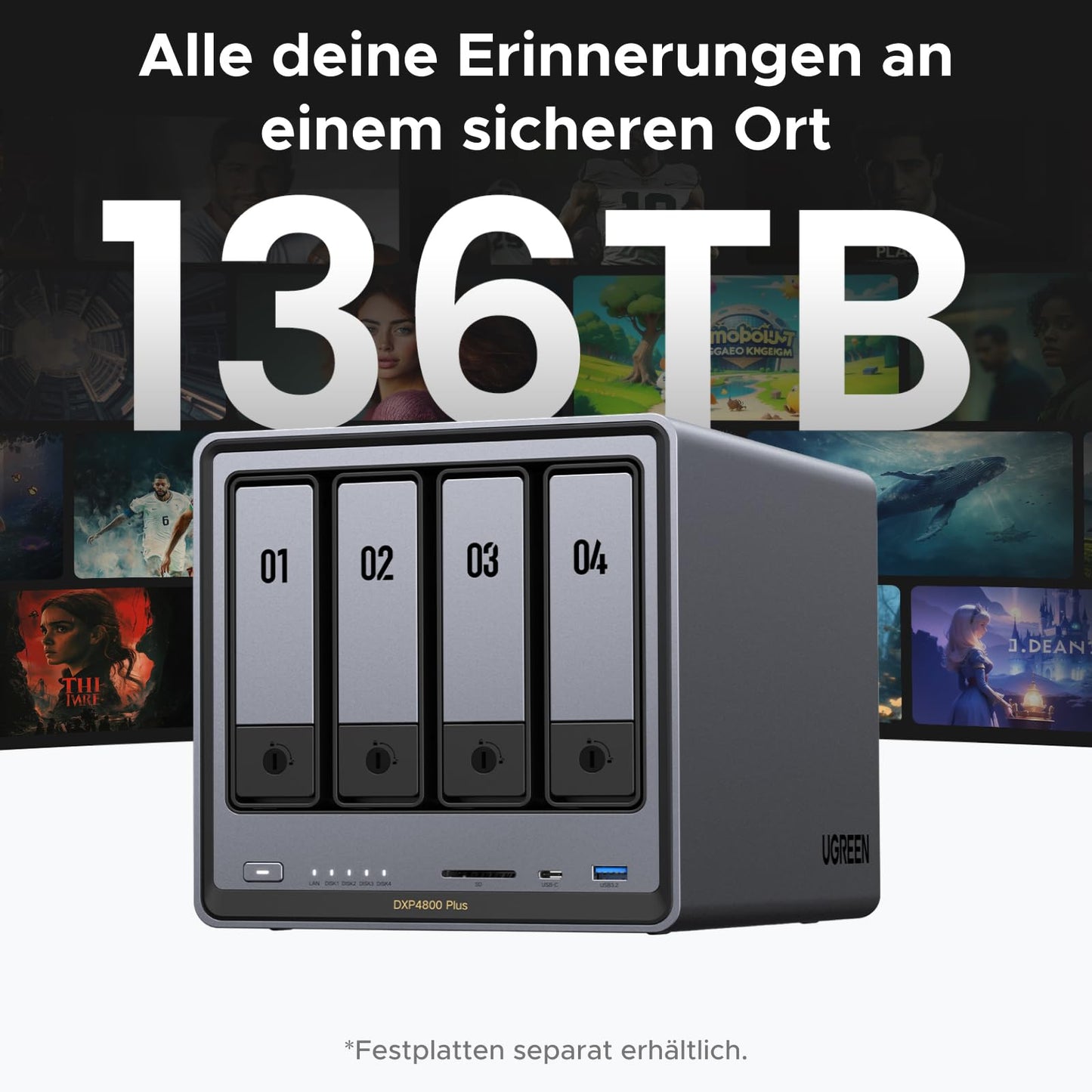 UGREEN NASync DXP4800 Plus 4-Bay Desktop NAS, Intel Pentium Gold 8505 5-Core CPU, 8GB DDR5 RAM, 128G SSD, 1 * 10GbE, 1 * 2.5GbE, 2*M.2 NVMe slots, 4K HDMI, Network Attached Storage (Diskless)