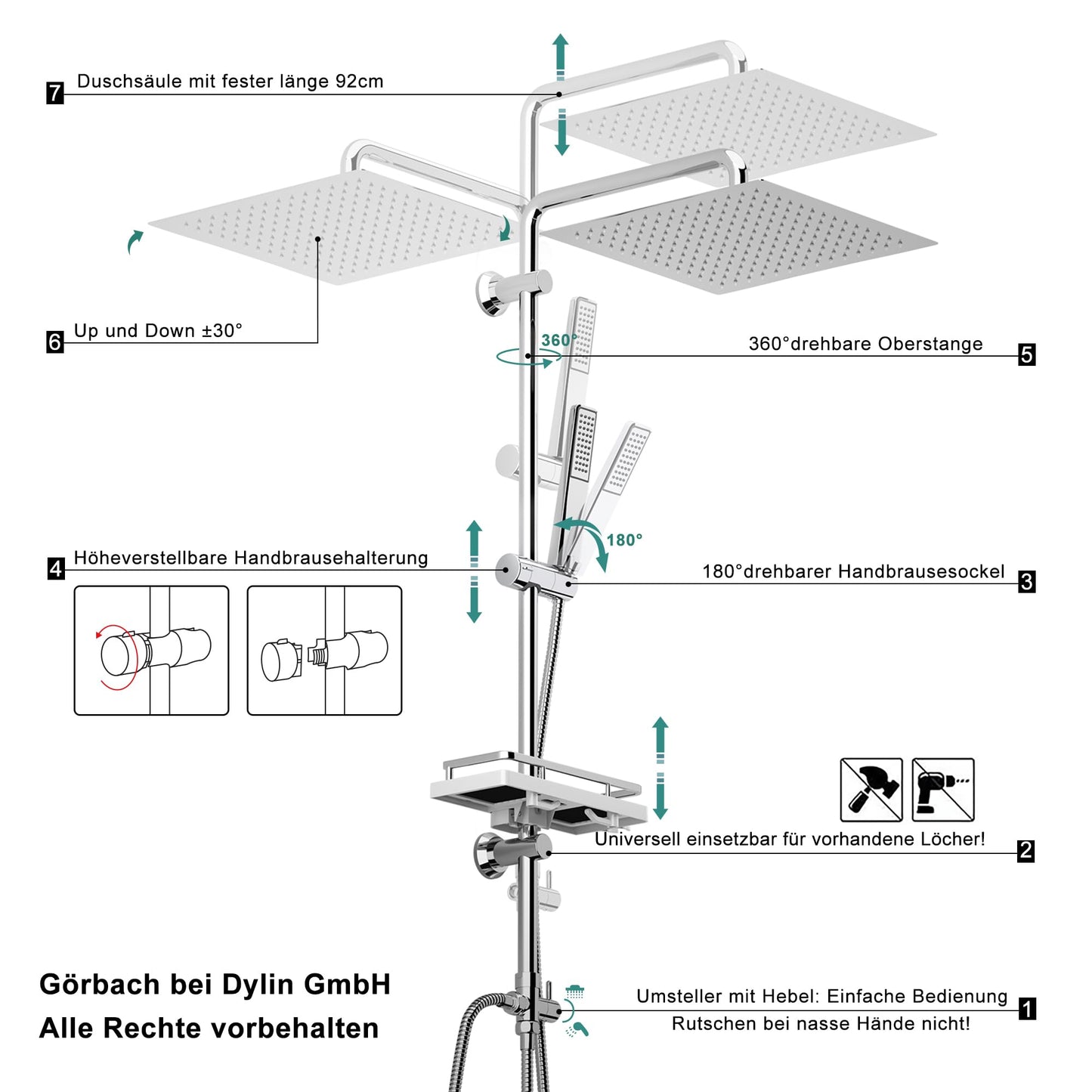Görbach rain shower shower set shower system with shelf, chrome shower rod set shower column set made of stainless steel without shower faucet (head shower 30x30cm)