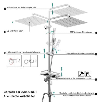 Görbach rain shower shower set shower system with shelf, chrome shower rod set shower column set made of stainless steel without shower faucet (head shower 30x30cm)