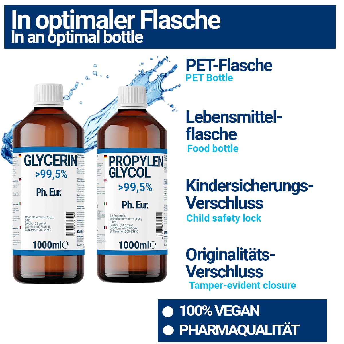 1000ml glycerin + 1000ml propylene glycol in pharmaceutical grade | >99.5% | pure | E422 + E1520 DIY