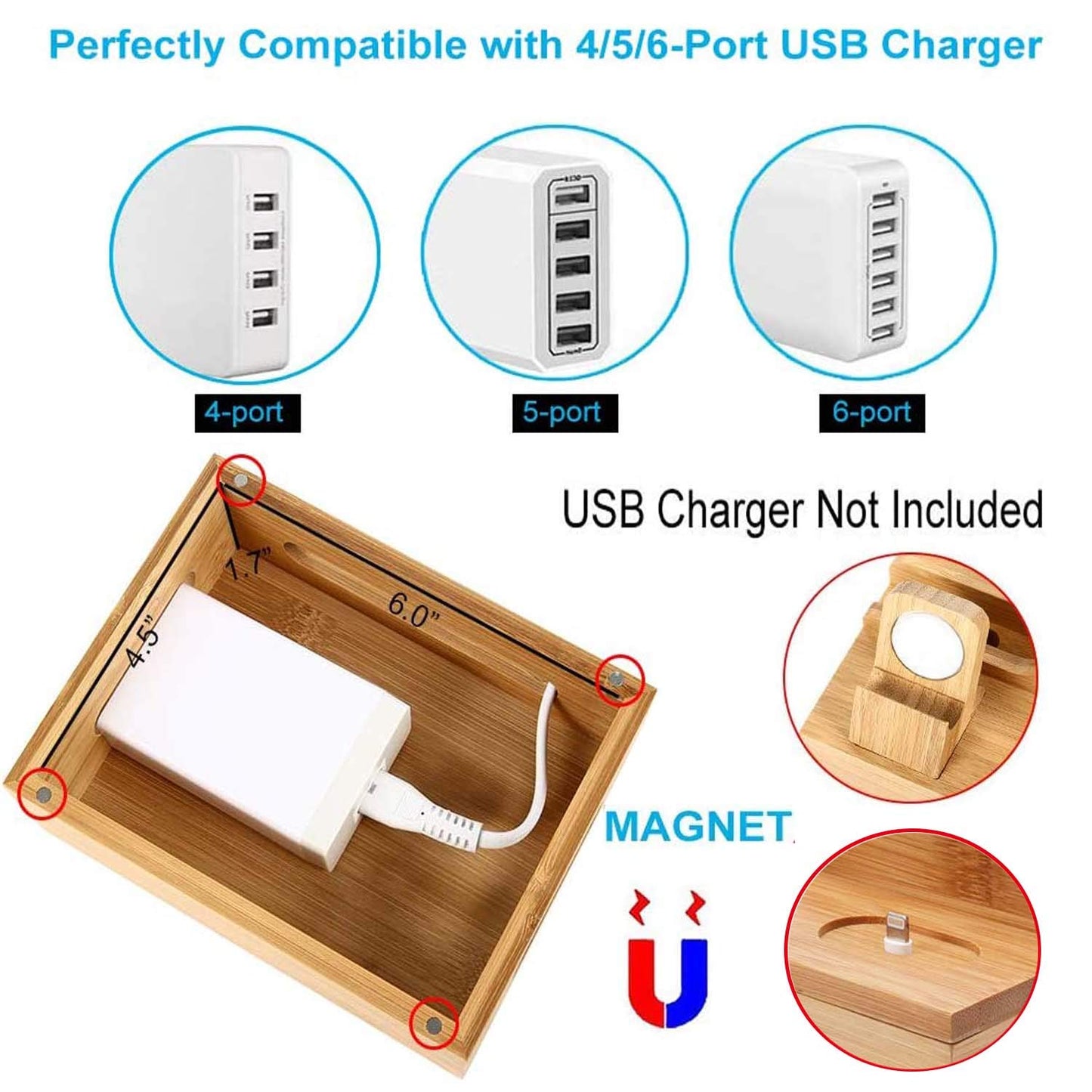 SETROVIC Bamboo Charging Station Docking Holder, Desktop Organizer for multiple device docks. Compatible with accessories for phone/tablet/Apple Watch/AirPods.