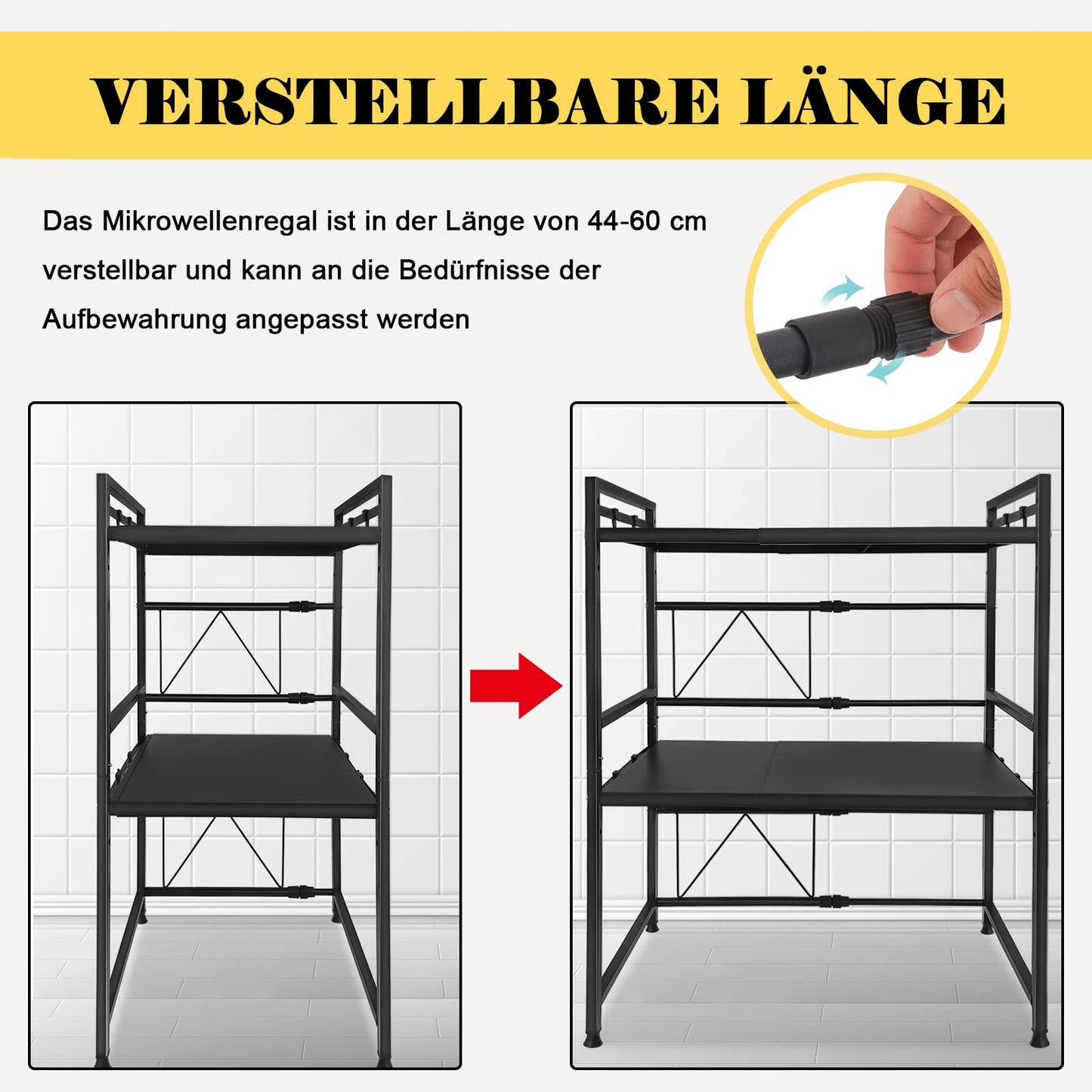 Expandable microwave shelf with 8 hooks, 3-tier microwave stand rack microwave holder baker shelf organizer for kitchen countertops, Black