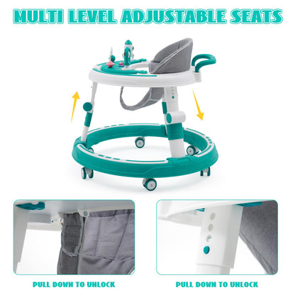 3 in 1 baby walker, height adjustable & foldable, with over-rolling walking wheels, stable tray, and toy center. Suitable for babies from 6 months old. (Blue)