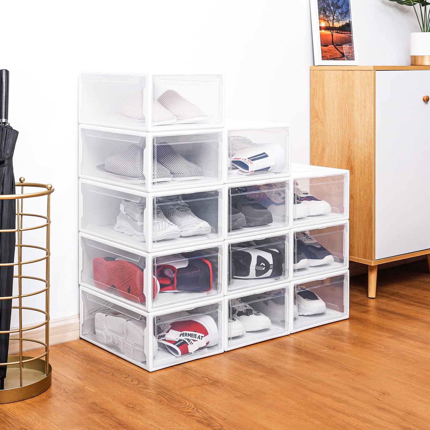 Yorbay Shoe Box, set of 3, stackable shoe organizer, plastic box with transparent door, reusable shoe storage, 37x26x20 cm, for shoes up to size 48, White