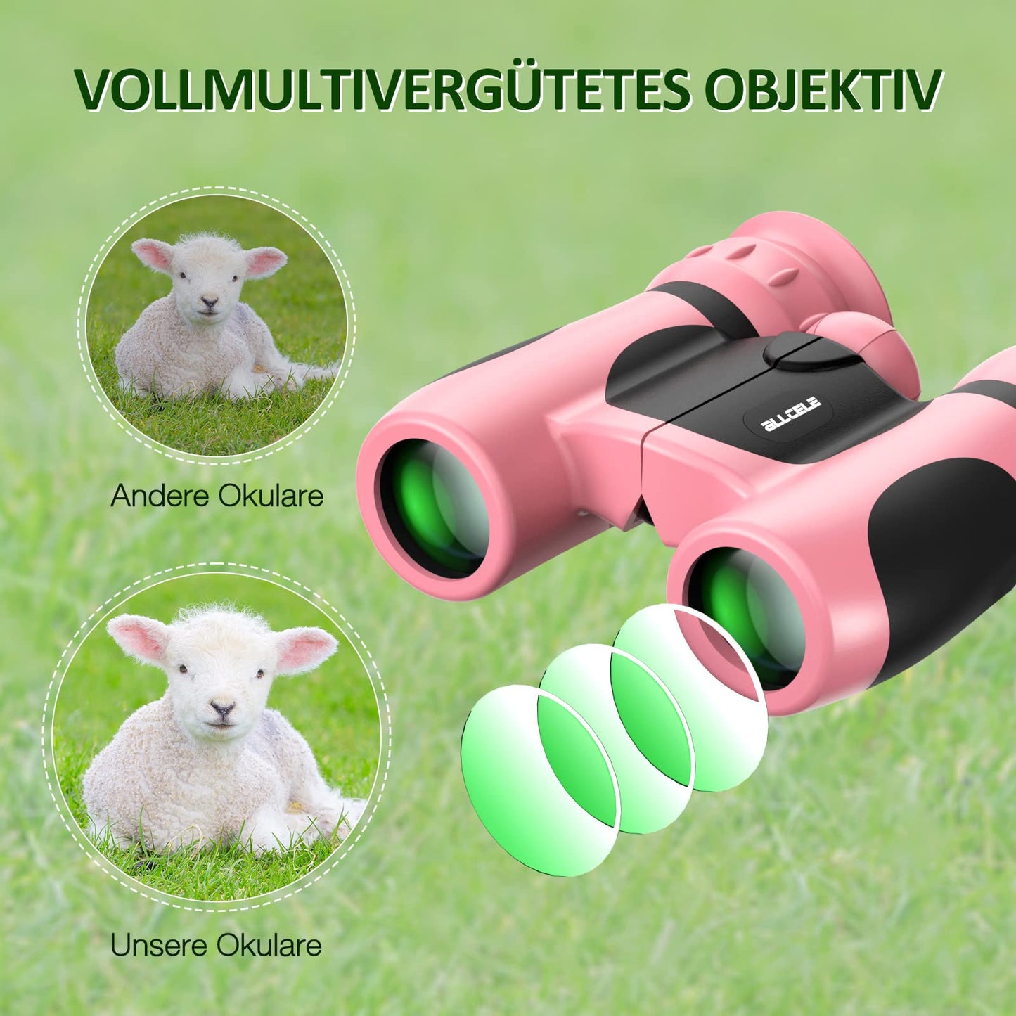 ALLCELE Binoculars for Kids, Children's Binoculars with strong magnification 8 x 21, Outdoor Exploration Binoculars Toy for Boys Girls aged 3-12 years.