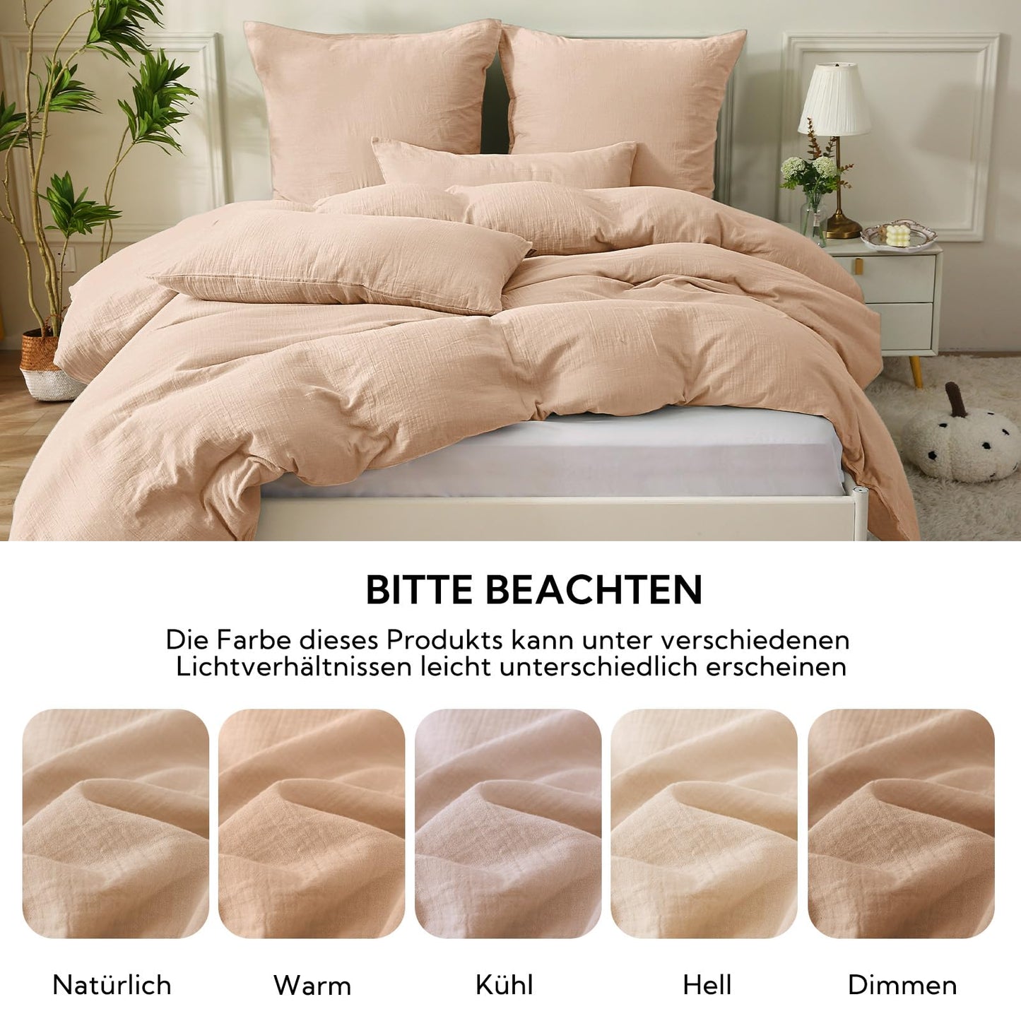 SOULFUL Double Muslin Bedding 135x200 Cotton, Bedding Sets 1 Set Duvet Cover with 1 Pillowcase 80x80 cm, ÖKO-TEX Bedding Apricot Brown with Zipper