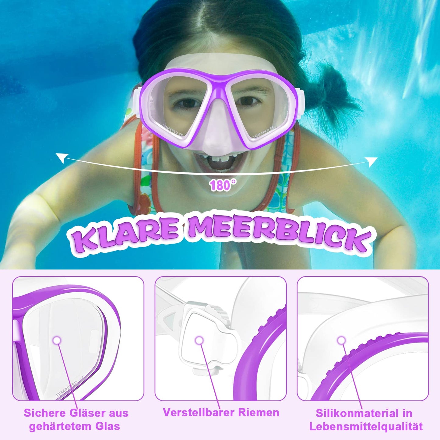 Supertrip Kids Snorkel Set 3-piece, Snorkeling Set with Fins, Dive Mask with Tempered Glass, Adjustable Swim Fins, Premium Dry Snorkel for Children Junior