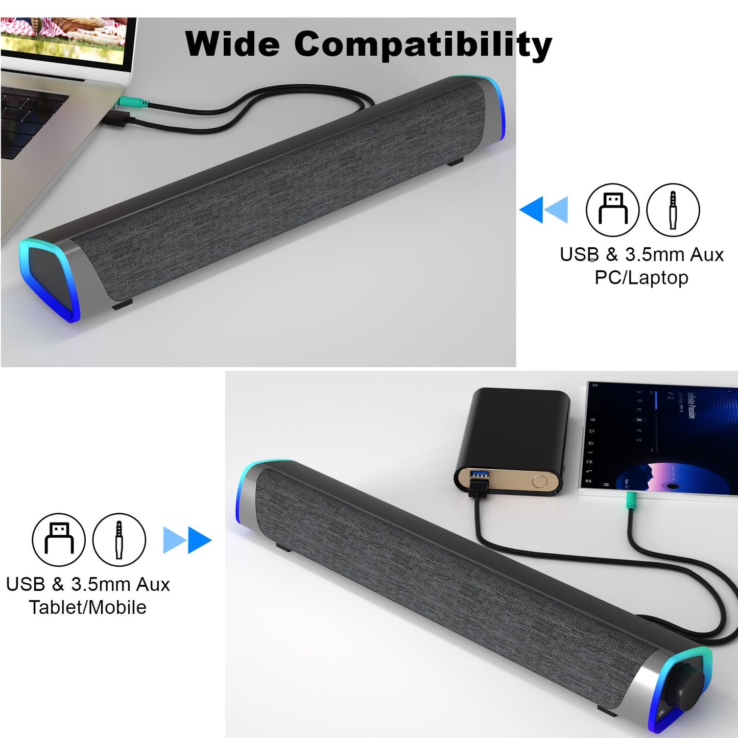 SOULION R30 computer speakers, USB-powered small PC speakers, color-changing LED light with switch button, surround sound portable computer sound bar speaker for desktop laptop.