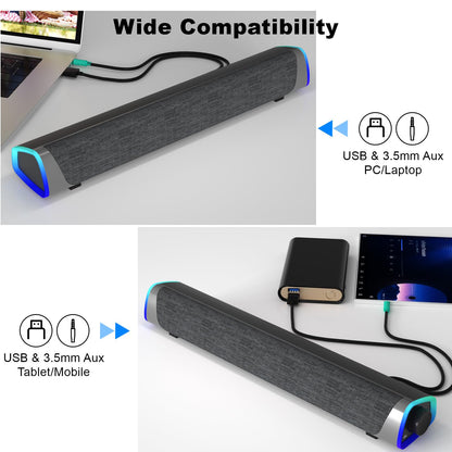 SOULION R30 computer speakers, USB-powered small PC speakers, color-changing LED light with switch button, surround sound portable computer sound bar speaker for desktop laptop.