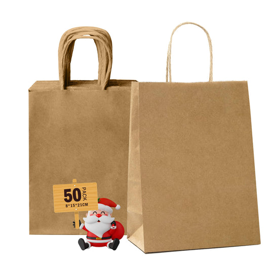 GIFTSAY 50pcs Paper Bags with Handle Small Brown 15X8X21cm, Gift Bags for Wedding Party, Shopping Bags, Retail Merchandise Bags, and Birthday