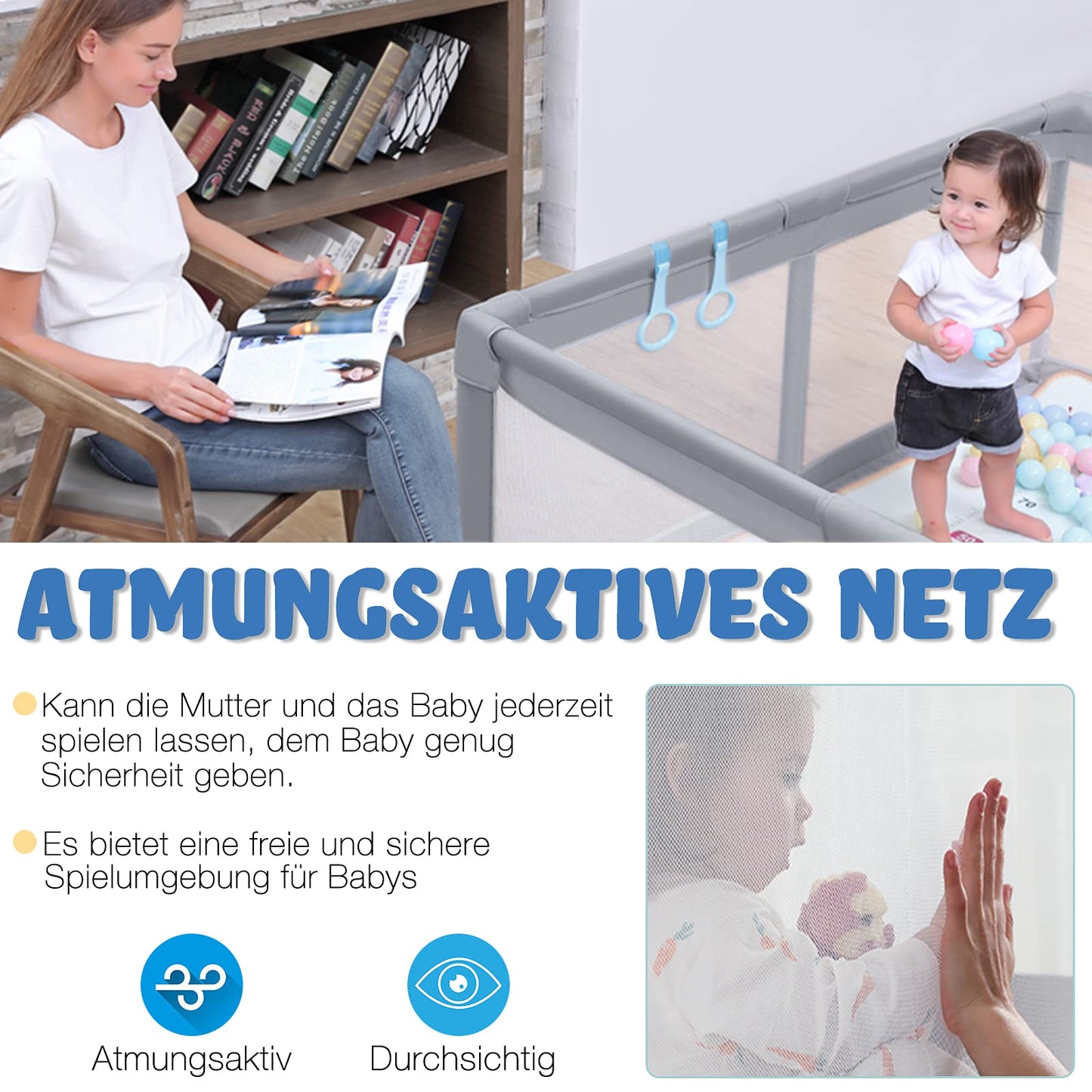 NAIZY Baby Playpen XXL Playard Gray Safety Gate with Non-Slip Base and Breathable Mesh for Children Indoors and Outdoors (200 * 180 * 68cm)