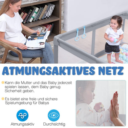 NAIZY Baby Playpen XXL Playard Gray Safety Gate with Non-Slip Base and Breathable Mesh for Children Indoors and Outdoors (200 * 180 * 68cm)