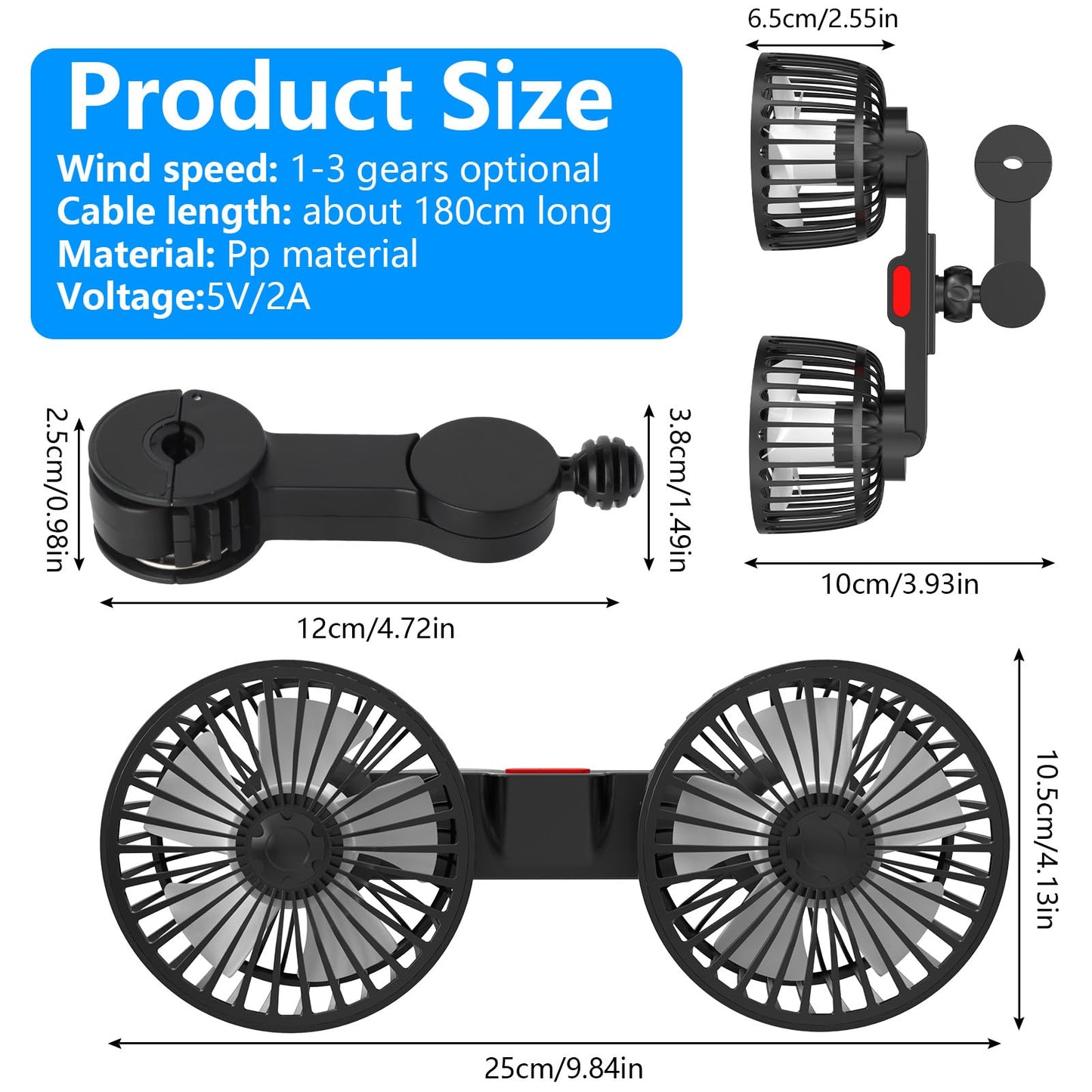Exsivemy Car Vent Fan, USB Fan, 360° Rotatable Dual Head Fan, 2 Speeds Dual Fan, Car Fan, Car Vehicle Fan for Truck Van SUV RV (black-2)