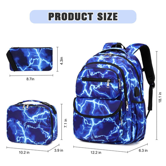 Bevalsa backpack for boys, flash school bag for children with lunch bag and pencil case, book bag for boys girls kids teens for elementary middle school Congratulations (Lightning strike)