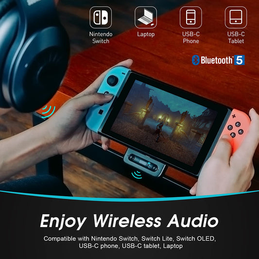 Dual Bluetooth Transmitter aptX LL - August MR410B - Type C adapter compatible with Switch, Android phones and tablets, MacBook, Surface - Includes pass-through and USB-C to USB adapter.