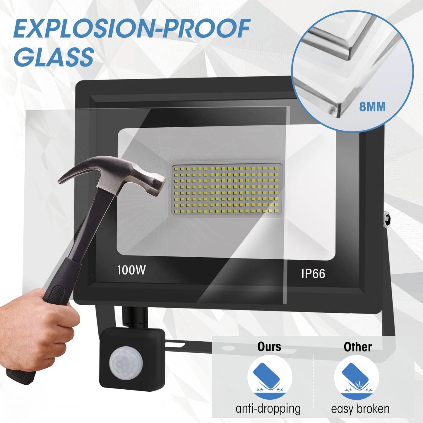 Outdoor 100W LED floodlight with motion sensor, 10000LM, IP66 waterproof. Cold white 6000K.