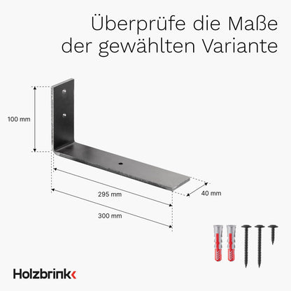 WOODBRINK Shelf Bracket Metal Shelf Holder for Wall Shelf, Shelf Angle, Raw Steel with Clearcoat 300x100x40 mm, 4 pieces, HLR-L-300-0000