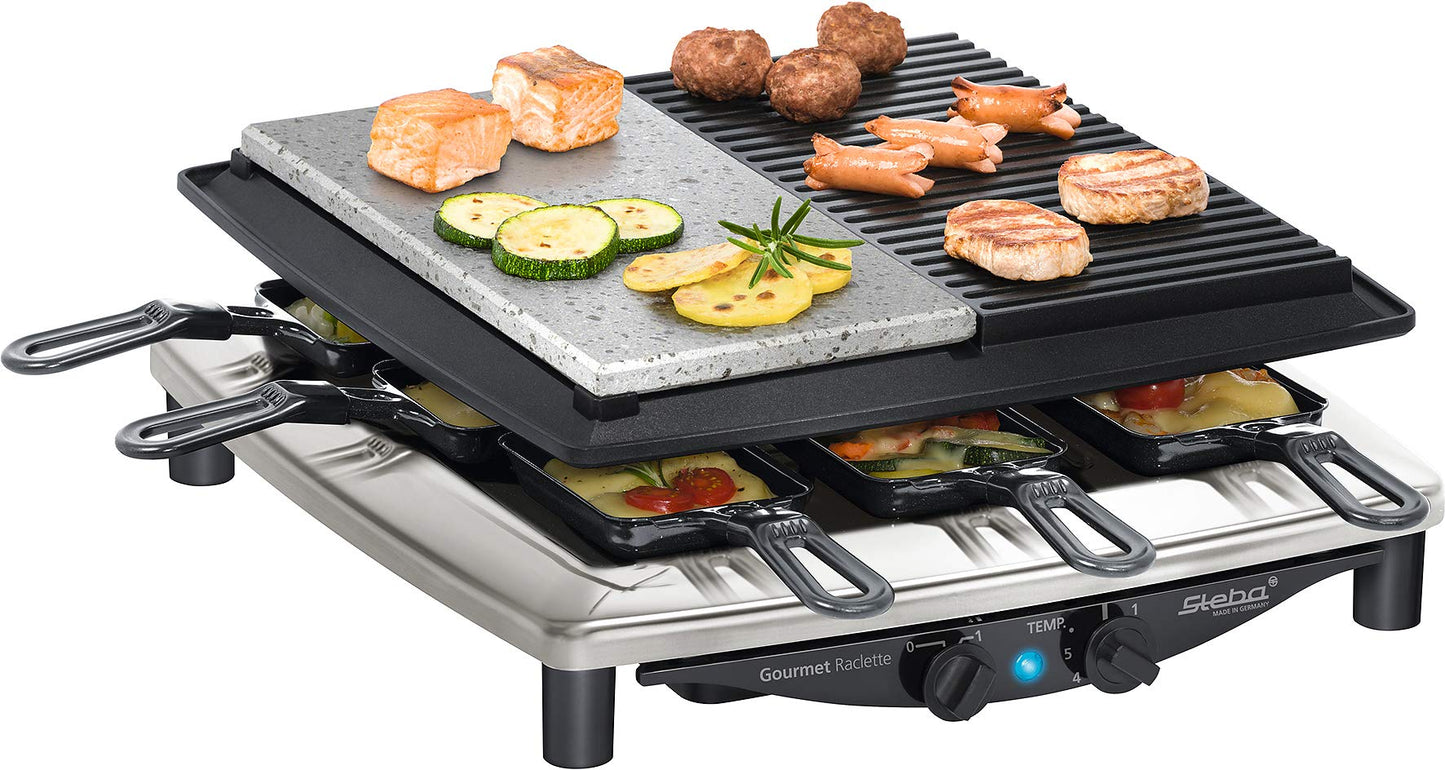 Steba Premium Raclette RC 4 Plus Deluxe Chrome | Made IN Germany | Non-stick die-cast grill plate | Natural stone grill plate, cut and scratch resistant | Includes reversible cast pan with smooth surface.