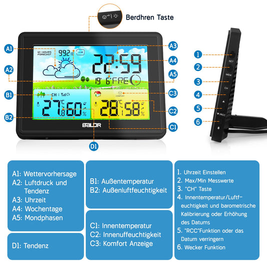Wireless weather station with outdoor sensor, indoor and outdoor temperature/humidity, weather forecast, barometer, and moon phase. Digital color display with DCF radio clock, can be placed/hung, black.