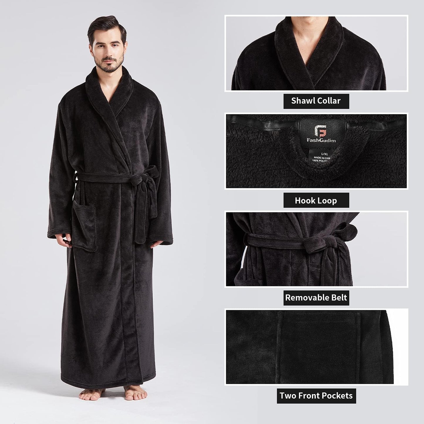 FashGudim Men's Bathrobes large and oversized in full length plush fleece long robe shawl collar warm winter men's bathrobe (Black, L/XL)