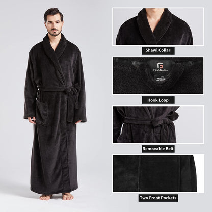 FashGudim Men's Bathrobes large and oversized in full length plush fleece long robe shawl collar warm winter men's bathrobe (Black, L/XL)