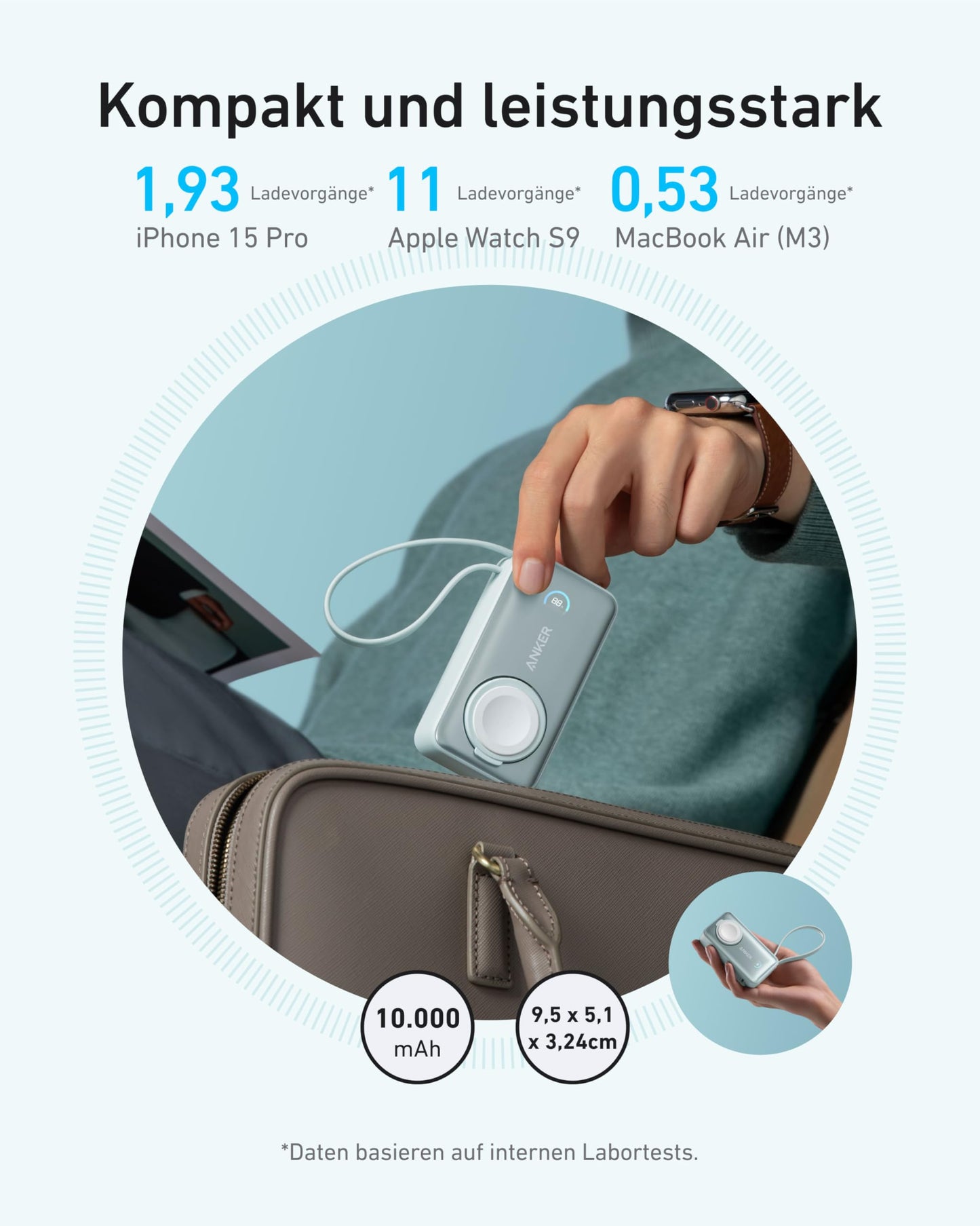 Anchor MagGo Powerbank for Apple Watch, officially certified, 10,000mAh compact battery pack with integrated USB-C cable, 35W Max., for iPhone 17/16/15 Series, Samsung, iPad, AirPods, and more.