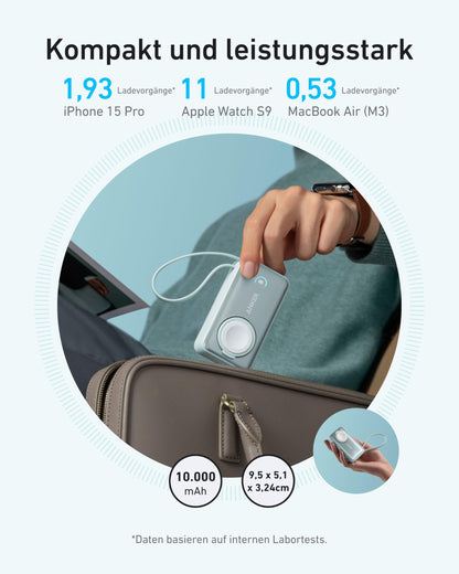 Anchor MagGo Powerbank for Apple Watch, officially certified, 10,000mAh compact battery pack with integrated USB-C cable, 35W Max., for iPhone 17/16/15 Series, Samsung, iPad, AirPods, and more.