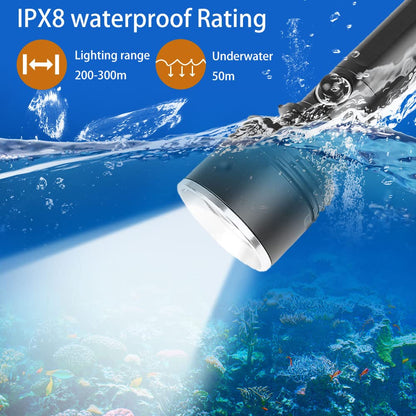 LED flashlight, 3000 lumens diving light up to 150m depth, IPX8 waterproof, battery-powered and rechargeable underwater light with 1 * 26650 battery for diving, camping, outdoor, hiking.