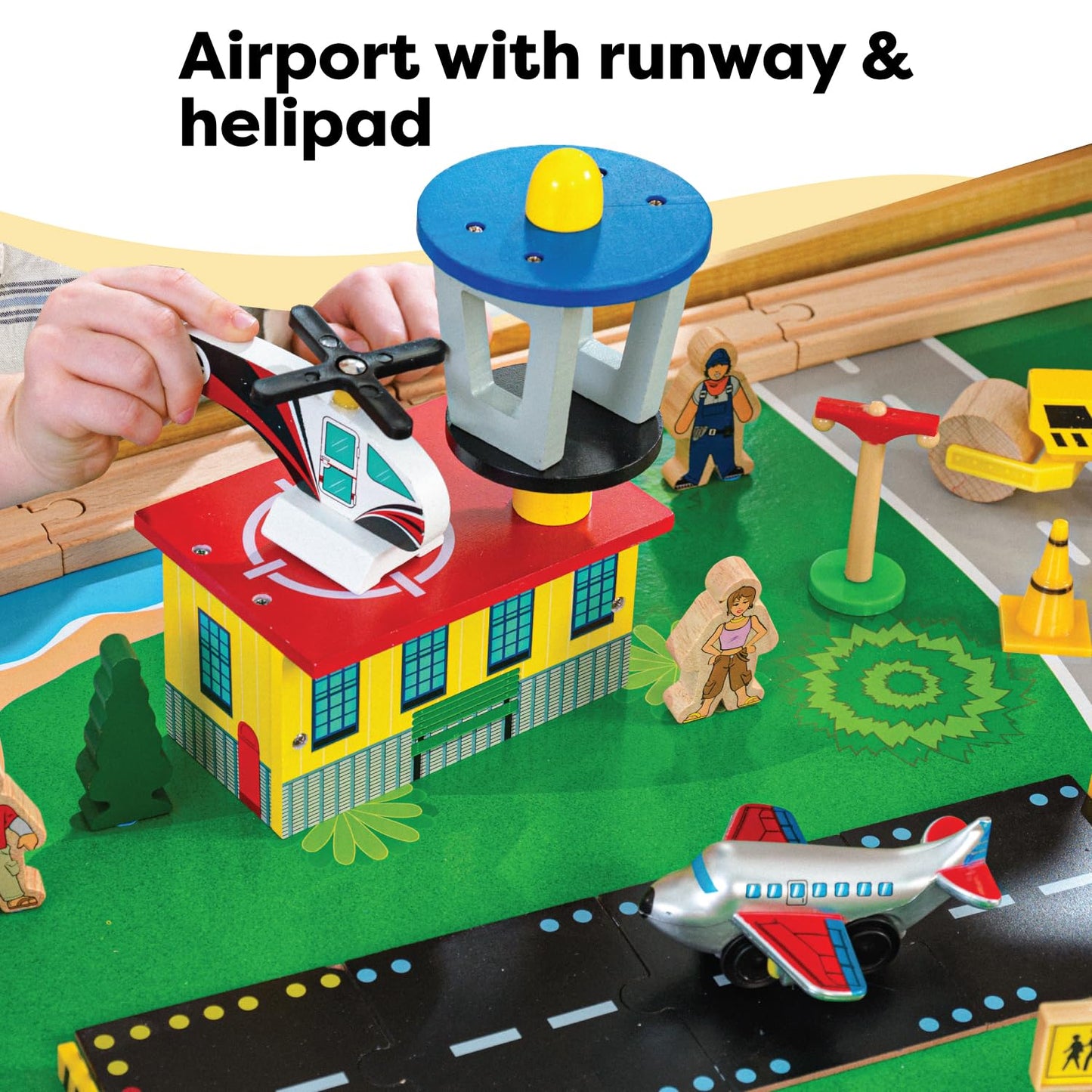 KidKraft Wood Train and Play Table Waterfall Mountain with storage box, train set with accessories and construction vehicles, airplane and train toys for children 3+ years old, 17850