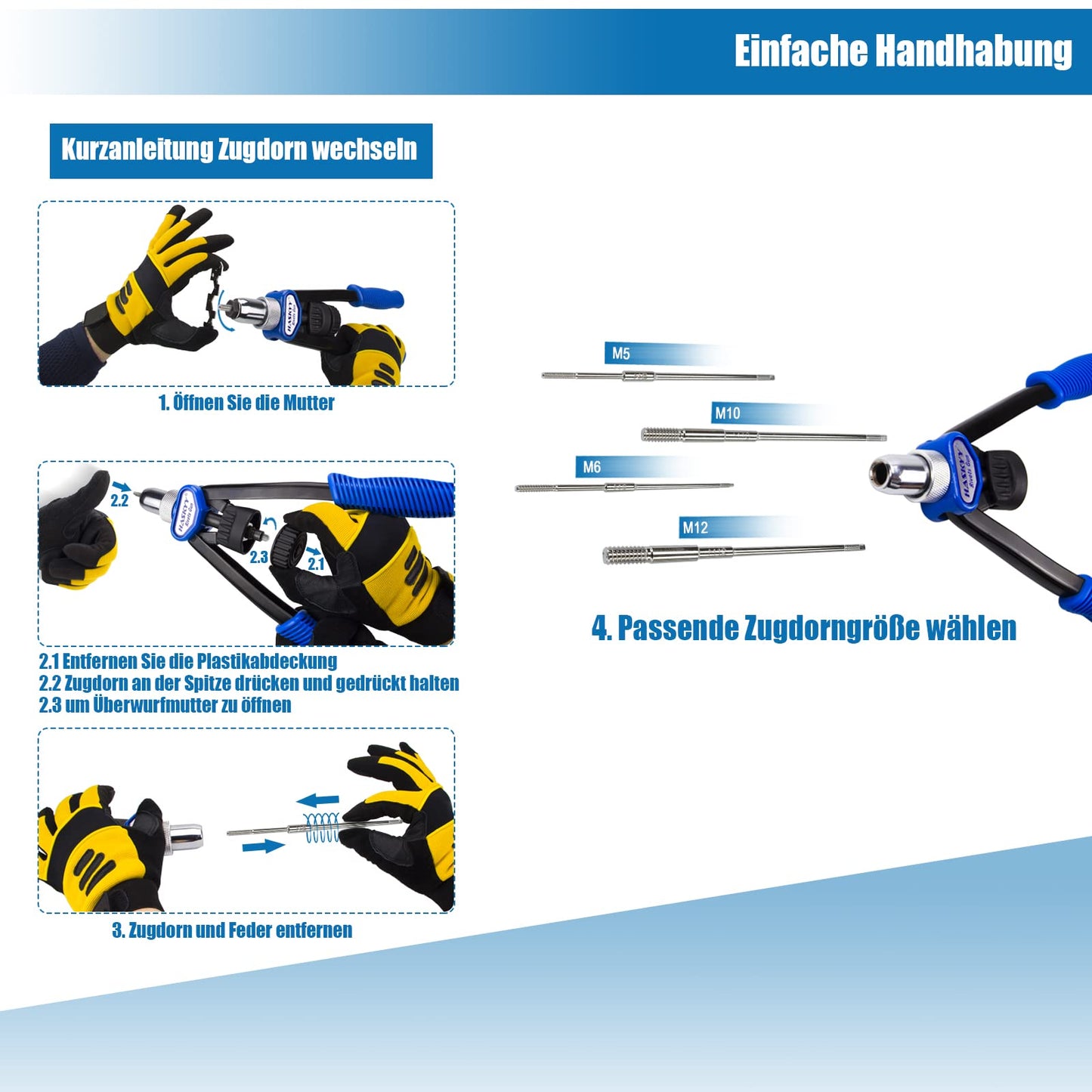 Professional rivet nut tool set includes rivet nut gun and 150 steel rivet nuts in M5 M6 M8 M10 M12 sizes, 30 pieces each.