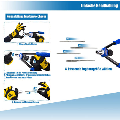 Professional rivet nut tool set includes rivet nut gun and 150 steel rivet nuts in M5 M6 M8 M10 M12 sizes, 30 pieces each.