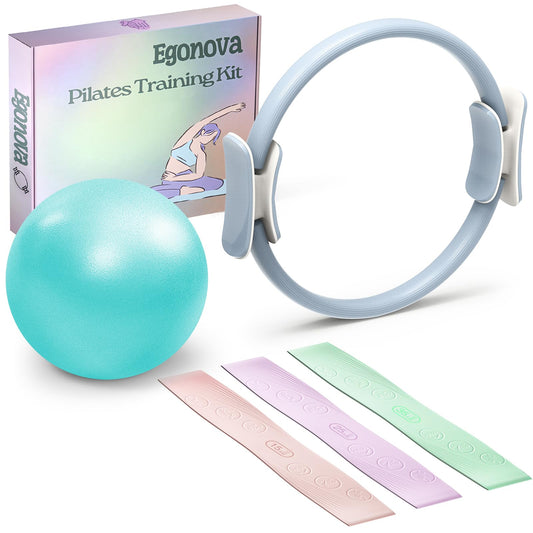 EgoNova Pilates Ring Set includes a 14-inch Magic Circle with dual padded handles, Pilates Mini Ball, and Resistance Bands (15, 25, 15.9 kg) for strength, flexibility, stability, and body toning (Blue).