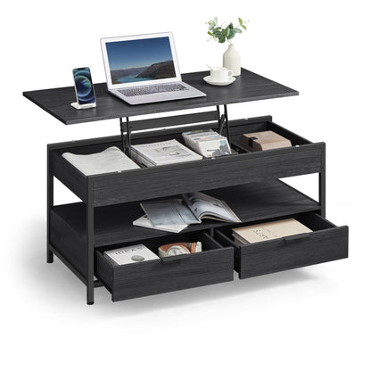 VASAGLE Coffee Table, Adjustable Height Living Room Table, with Drawers, Open Compartment, 50 x 100 cm, Anthracite Gray-Charcoal Black LCT209B22.