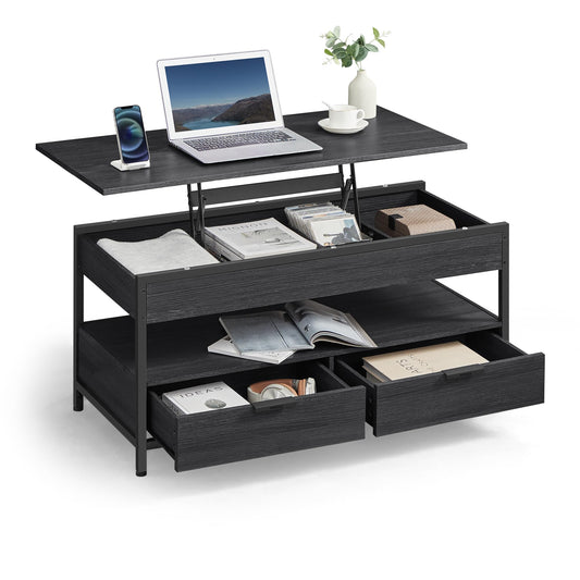 VASAGLE Coffee Table, Adjustable Height Living Room Table, with Drawers, Open Compartment, 50 x 100 cm, Anthracite Gray-Charcoal Black LCT209B22.