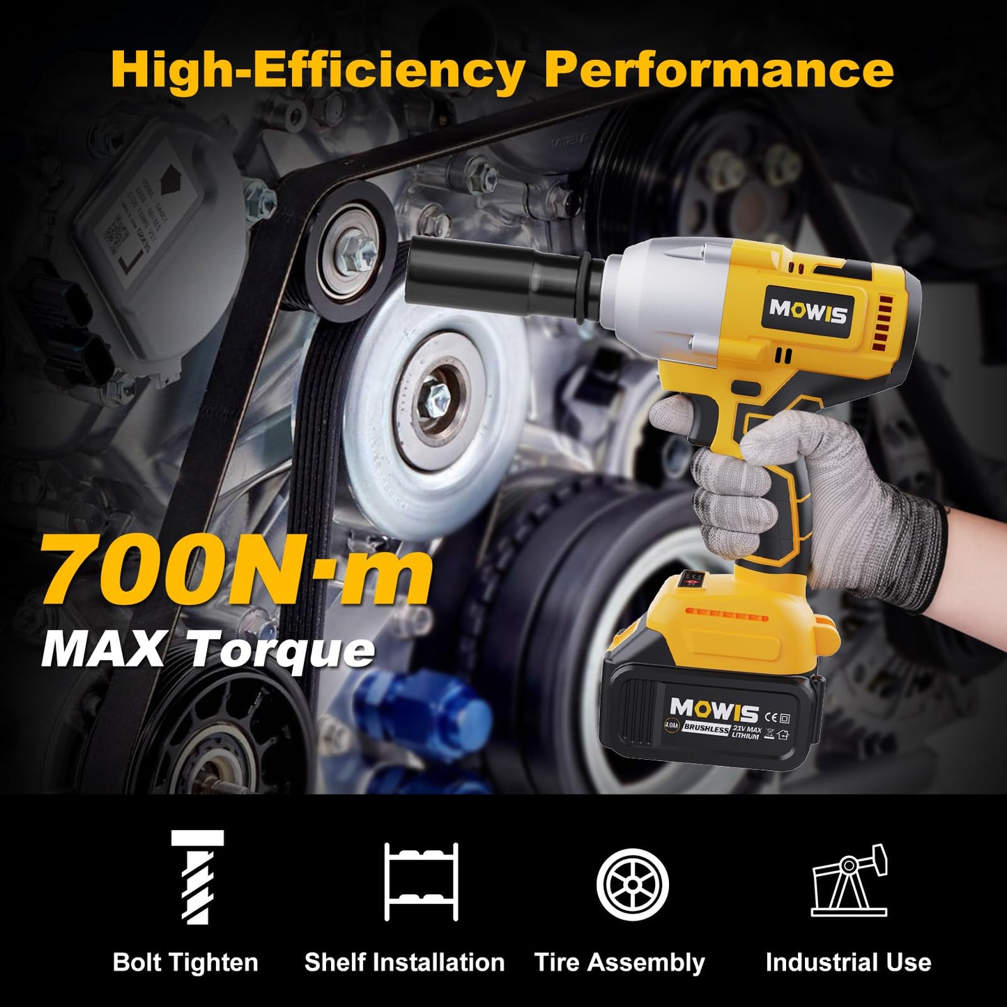 Mowis 700N.m professional 21V cordless impact wrench with 4.0Ah battery, 4800 RPM brushless motor, 3 variable speeds, 4 sockets for automotive and household use.