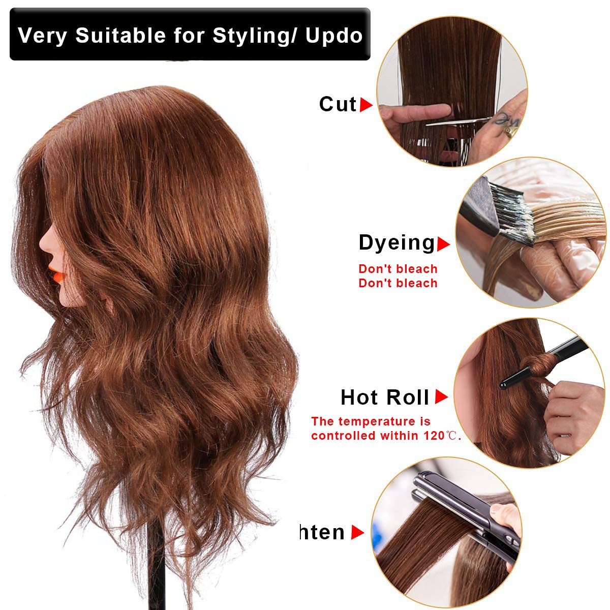 Mannequin head with 100% real hair, 45.7 cm, Dark Brown, Cosmetology, Practice Head, Doll heads with clamp holder and tools by SZCY LLC.