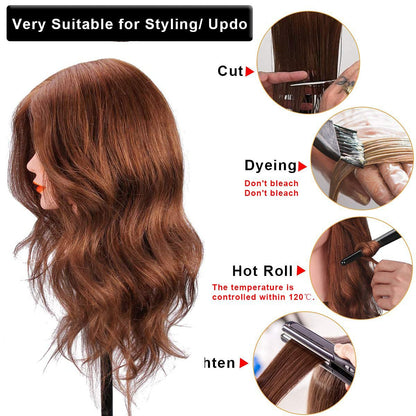 Mannequin head with 100% real hair, 45.7 cm, Dark Brown, Cosmetology, Practice Head, Doll heads with clamp holder and tools by SZCY LLC.
