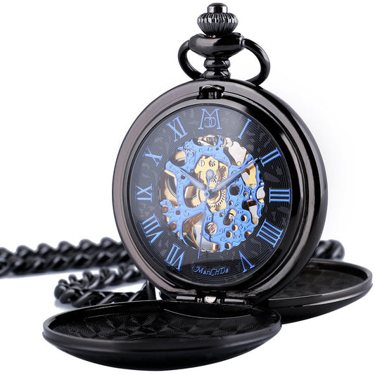 ManChDa® Classic Pocket Watch Retro Dial with Roman Numerals Steampunk Skeleton Mechanical Delicate Movement for Men Women with Chain (Black) + Gift Box