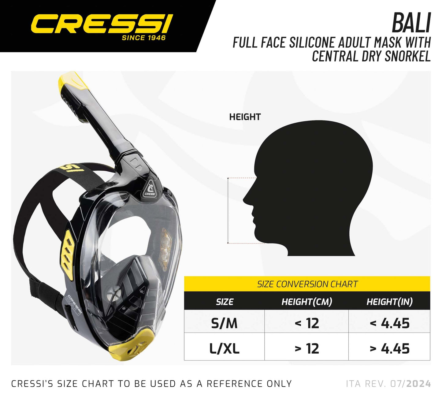 CRESSI Bali Full Face Mask Black/Grey S/M - Diving mask with ultra clear polycarbonate lens, 100% silicone, snorkel float valve, camera mount, black/grey, S/M size, for adults.