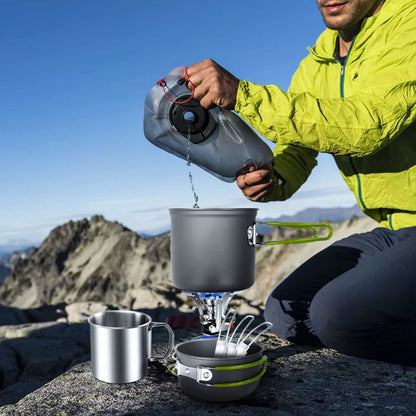 Odoland camping cookware set, pots and pans with compatible mini stove, cup, fork, knife, spoon, stainless steel, for outdoor, picnic, camping.