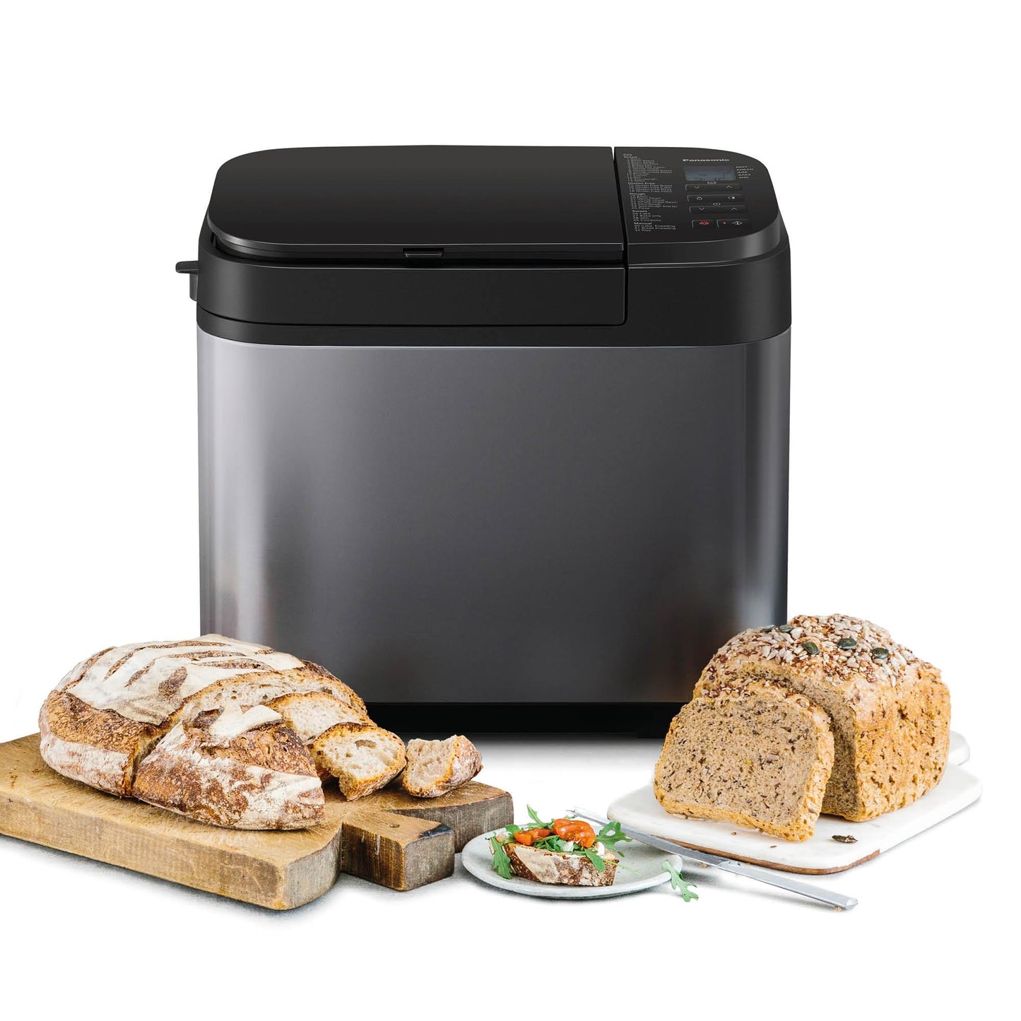 Panasonic SD-YR2540 Premium Gray Fully Automatic Bread Maker, horizontal design and yeast dispenser, 32 automatic programs, two temperature sensors, 13-hour time delay, Gray