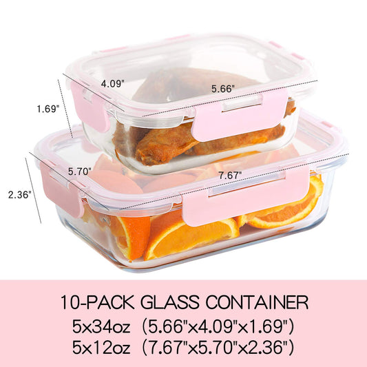 Storage containers with lids [10 pieces] Glass food storage containers, BPA-free, Clip & Close, Suitable for microwave, freezer, and dishwasher.