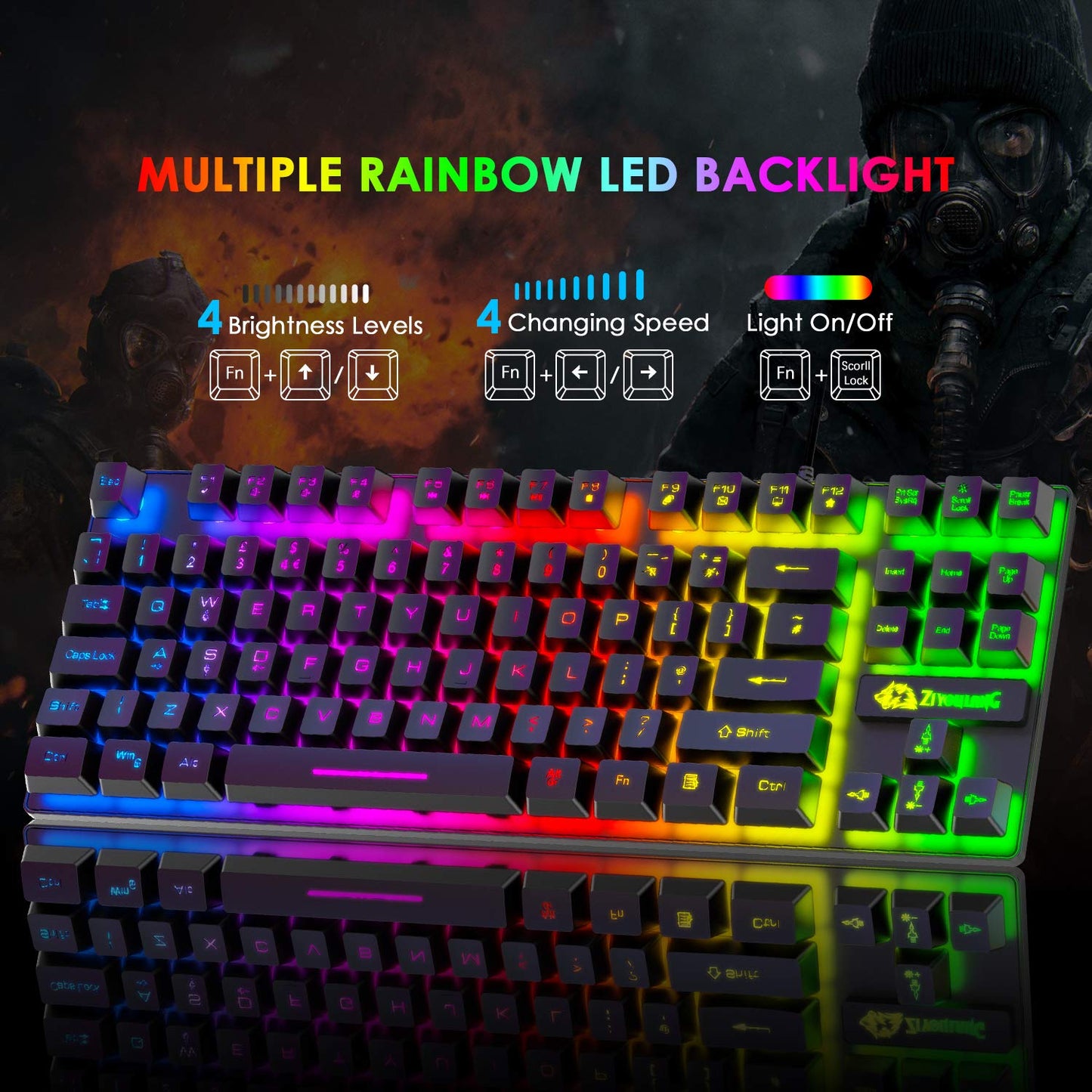 Gaming keyboard and mouse, 88-key USB keyboard with rainbow backlit + programmable ultralight gaming mouse with 6400 DPI for computer PC PS4 PS5 laptop Mac (black)