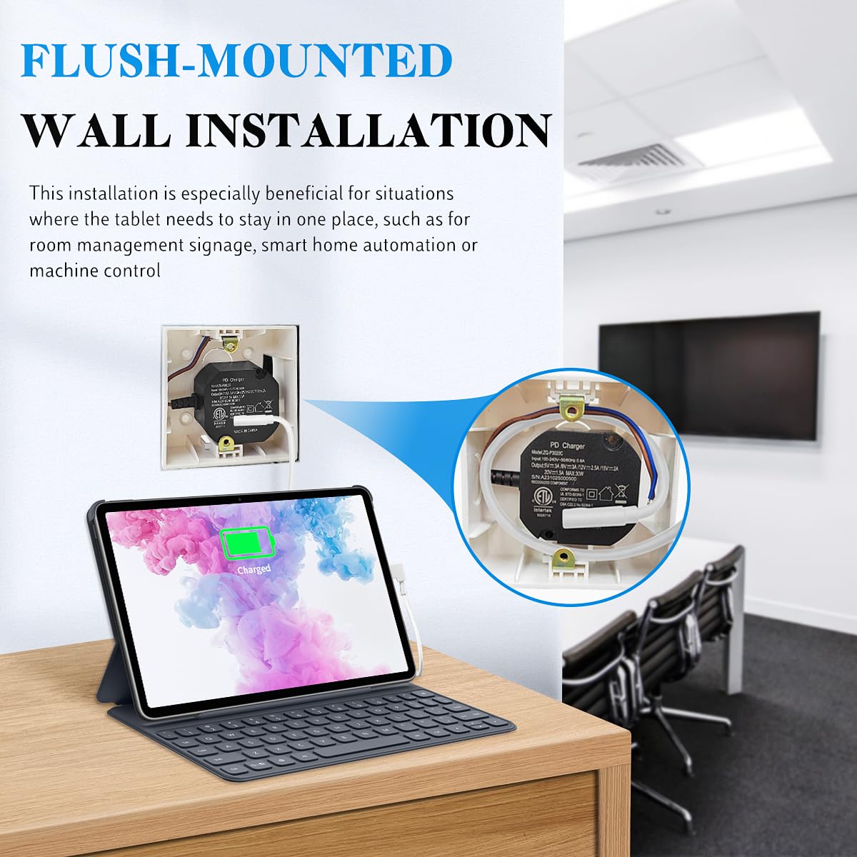 30W USB Type C Power specifically designed for USB C tablets like iPad - fits 86x86mm junction boxes in walls. PSE certified with auto-negotiation for 100~240V/AC 50Hz input, and 5V/3A 9V/3A 12V/2.5A 15V/2A 20V/1.5A output.