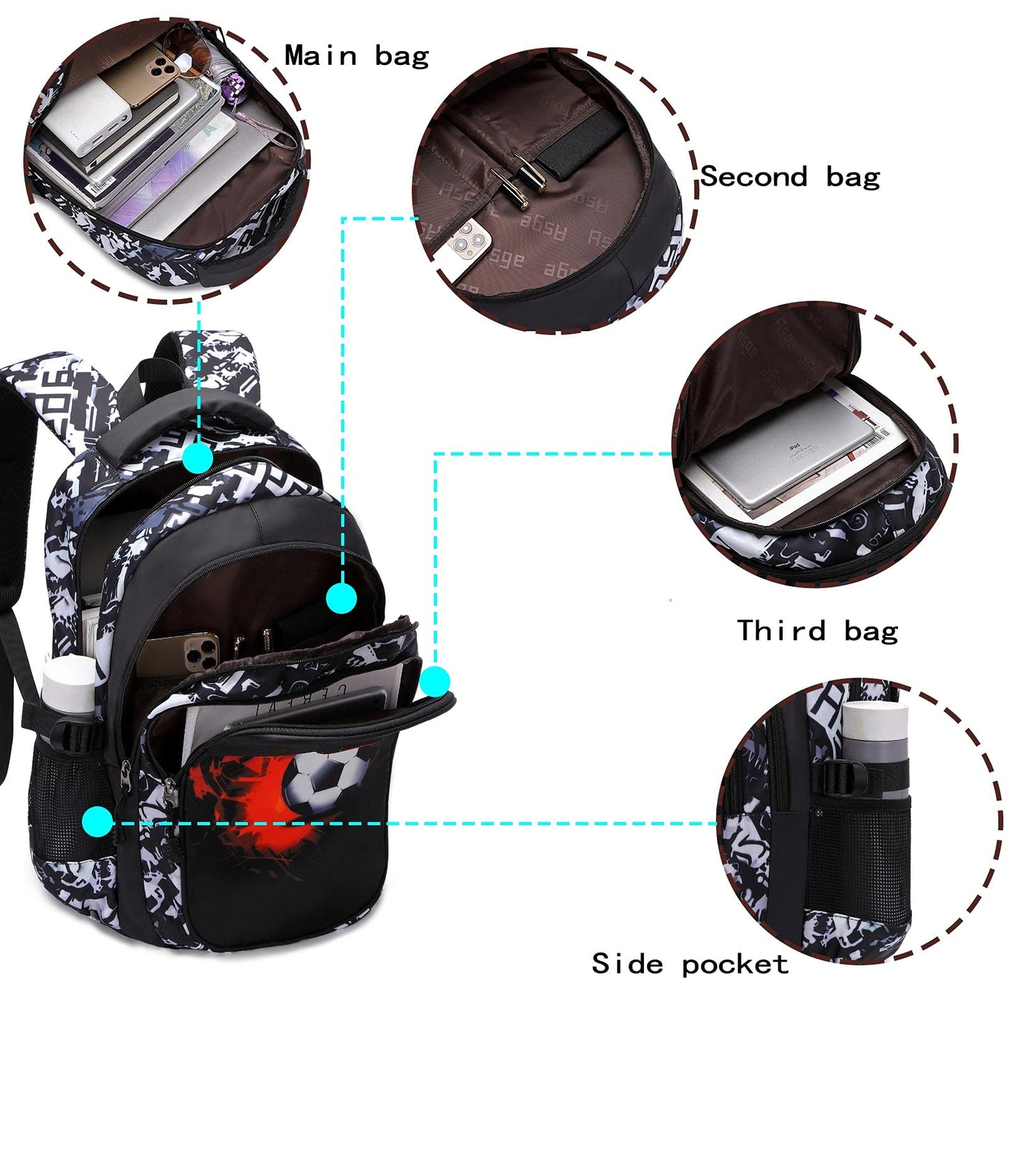 Asge School Backpack for Boys Teenager School Bag for Girls 3-5 Grade Ergonomic Kids Football Print Backpacks for 8-10-15 Year Olds School Bags for Boys Waterproof for School Bags School