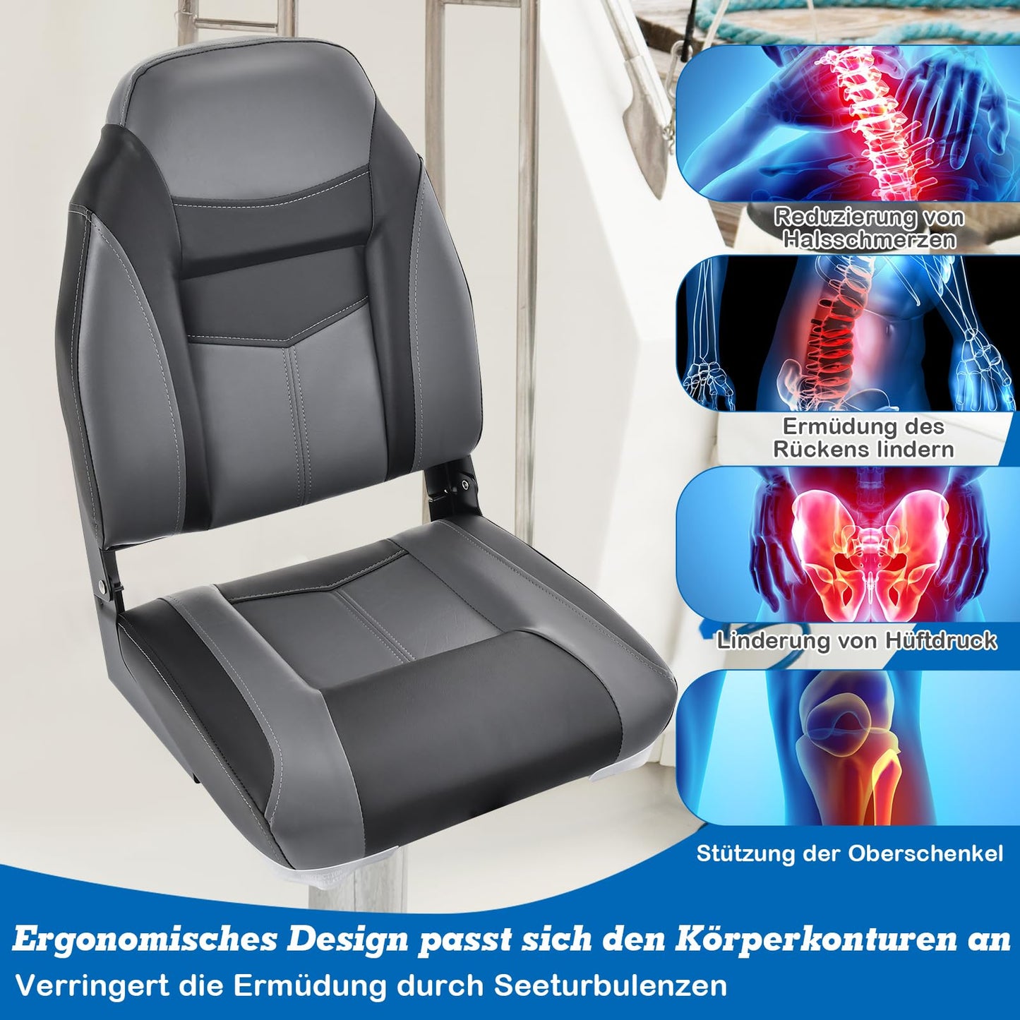 COSTWAY High Back Boat Seat, foldable boat chair with 10cm thick sponge padding, padded helm chair for boats (black, single)