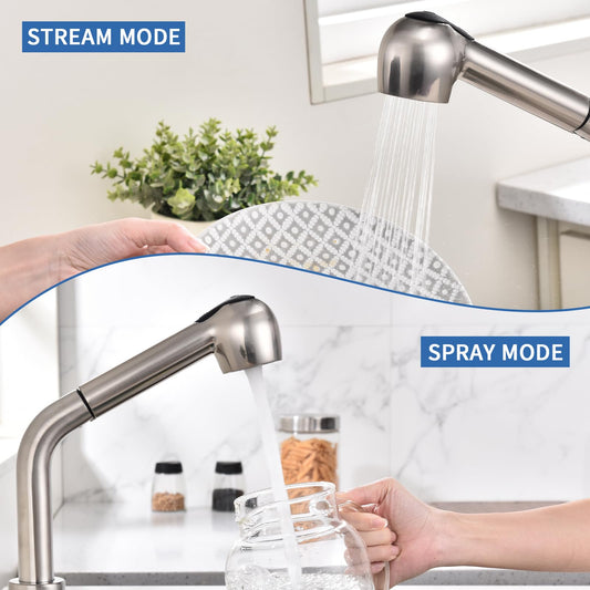 HOMELODY kitchen faucet with 2 spray modes pull-out sprayer sink faucet with spray 304 stainless steel kitchen faucet high pressure mixer 360° swivel single lever faucet, brushed